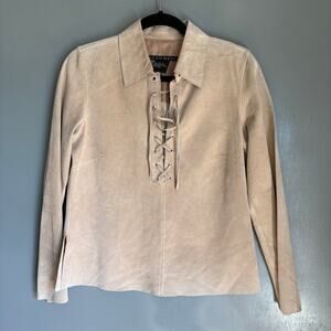 ALLAN DENIS Women's Small Beige Leather Long Sleeve Lace-Up Blouse Pirate Boho